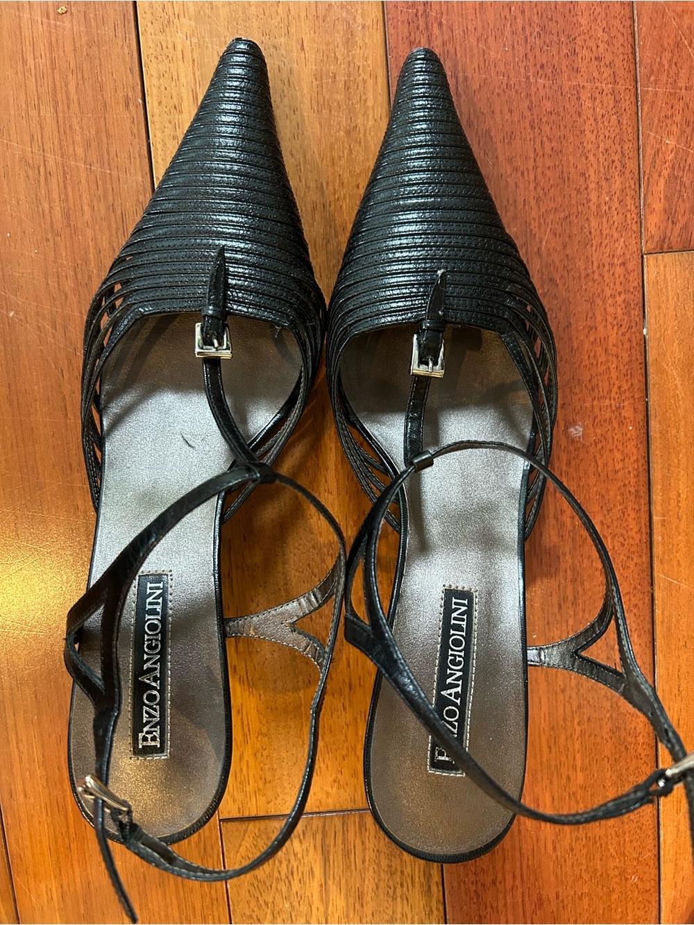 Vintage Enzo Angiolini Eadeiter Black Leather Strappy Slingback Heels Sz 7.5